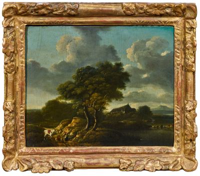 une peinture à l'huile représentant un paysage avec des vaches et des arbres au premier plan
