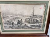 painting of a group of people on a beach with a boat in the background