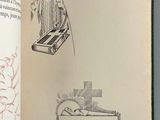 an open book with a drawing of a man on a bench