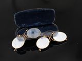 two white and gold earrings in a velvet case on a black surface