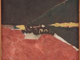 un tableau représentant un paysage noir et rouge avec des montagnes en arrière-plan