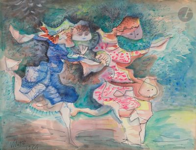 painting of a group of people dancing in a field with trees in the background