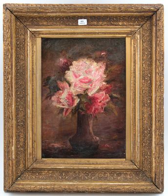 une peinture à l'huile d'un vase de fleurs dans un cadre doré