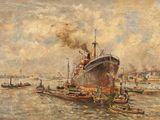 painting of a large ship in a body of water with other boats in the water