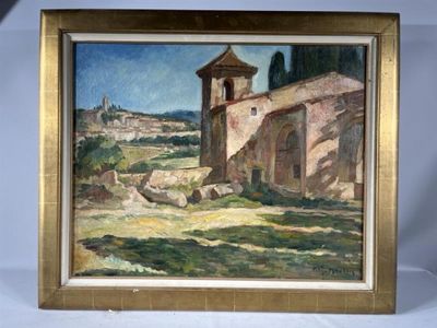 an oil painting of a church in a field with a hill in the background