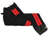 a pair of black pants with red stripes on them