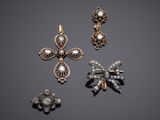 a group of three diamond and pearl brooches