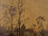 une image représentant une peinture d'une ferme avec une maison au loin