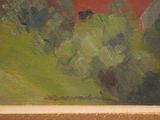 an image of a painting of a red barn in a green field