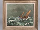 a painting of a sailboat in rough water with a boat in the background