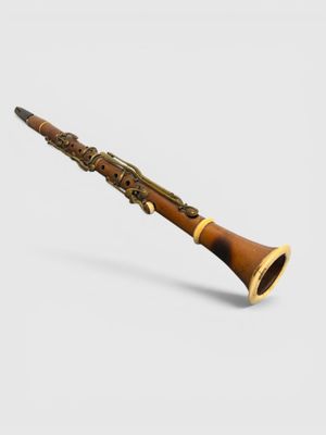 a close up of a wooden clarinet on a white background