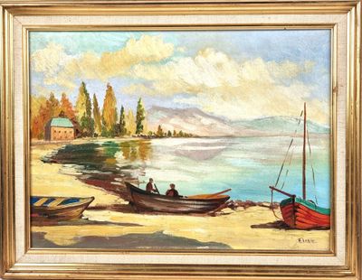 an oil painting of a beach scene with boats on the shore