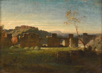 an image of a painting of an old building in a field