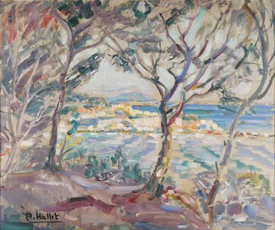 a painting of a view of the ocean from a hill