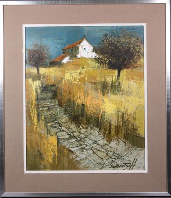 tableau représentant une maison blanche dans un champ, avec un chemin de terre