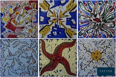 quatre images différentes issues d'une série de tableaux représentant une étoile de mer et un poisson