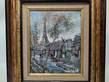 an image of a painting of a cityscape with a clock tower in the background