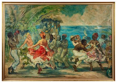 an image of a painting of a group of people dancing on a beach