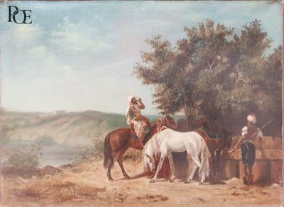 un tableau représentant un homme à cheval, à côté d'un cheval blanc