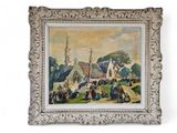 an image of a painting of a village scene with a church in the background
