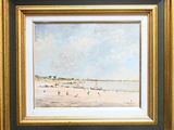 an oil painting of a beach scene with people on the sand