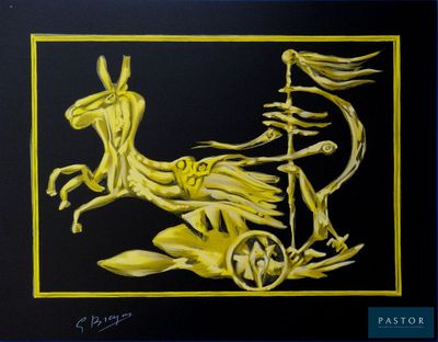 painting of a horse and carriage with a man riding on it