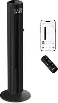 an image of a black tower air purifier next to a cell phone