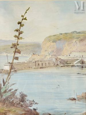 un tableau représentant une vue d'un port avec des bateaux sur l'eau
