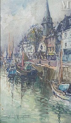 une peinture représentant une scène portuaire avec des bateaux dans l'eau