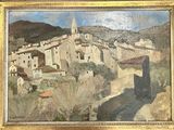 an oil painting of a village with a church in the background