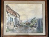 painting of a street scene with a man sitting on a bench in the middle of the street