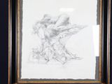 a drawing of a man sitting on top of a wooden easel next to a painting