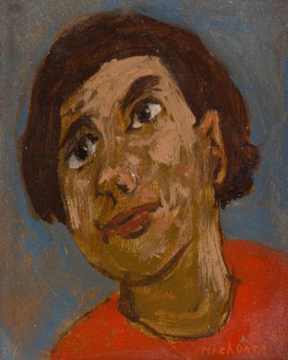 une peinture à l'huile représentant une femme en chemise rouge qui lève les yeux