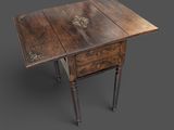 une table en bois avec deux tiroirs et un tiroir en dessous