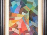 a painting of a multicolored abstract painting in a black frame