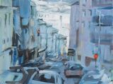une peinture à l'huile représentant une rue de la ville très animée par la circulation