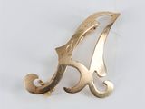 a close up of a gold brooch with a letter a on it