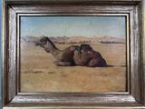 painting of two camels resting in the desert in a wooden frame