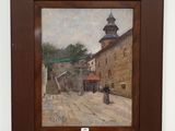 an oil painting of a street scene with a church in the background