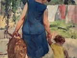 painting of a woman holding a child ' s hand while walking down a path