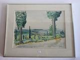 aquarelle encadrée représentant un paysage avec des arbres et une route