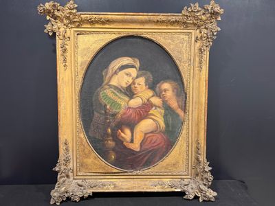 une peinture ancienne représentant une femme tenant un enfant dans ses bras
