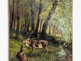 painting of a deer and a rabbit in a wooded area