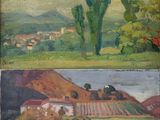 two paintings of a landscape with trees and a river