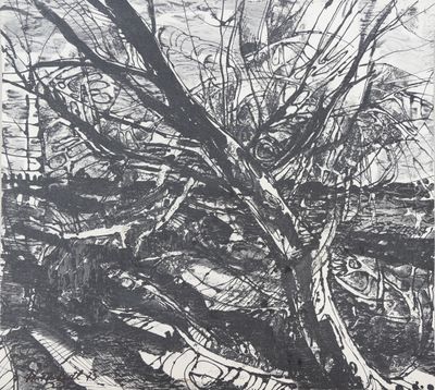 dessin représentant une image en noir et blanc d'un arbre avec un bateau au premier plan