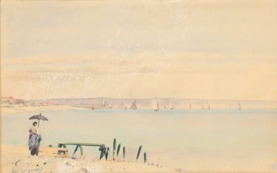 painting of a man with an umbrella on a beach near a body of water
