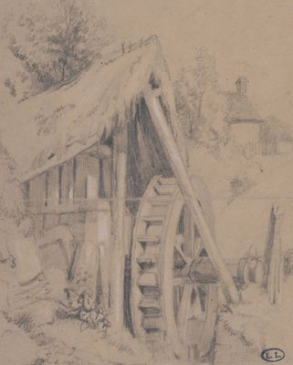un dessin représentant une roue à aubes devant un bâtiment