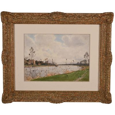 LECOMTE Paul. (1842-1920). « Village en bord de Marne ». - Photo 1