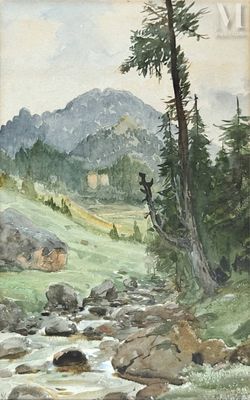 une aquarelle représentant un paysage de montagne avec un ruisseau