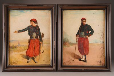 two paintings of a man and a woman in traditional clothing